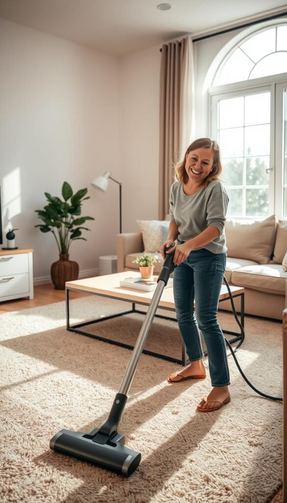 A cozy, well-lit living room showcasing a simple, quick daily cleaning routine.