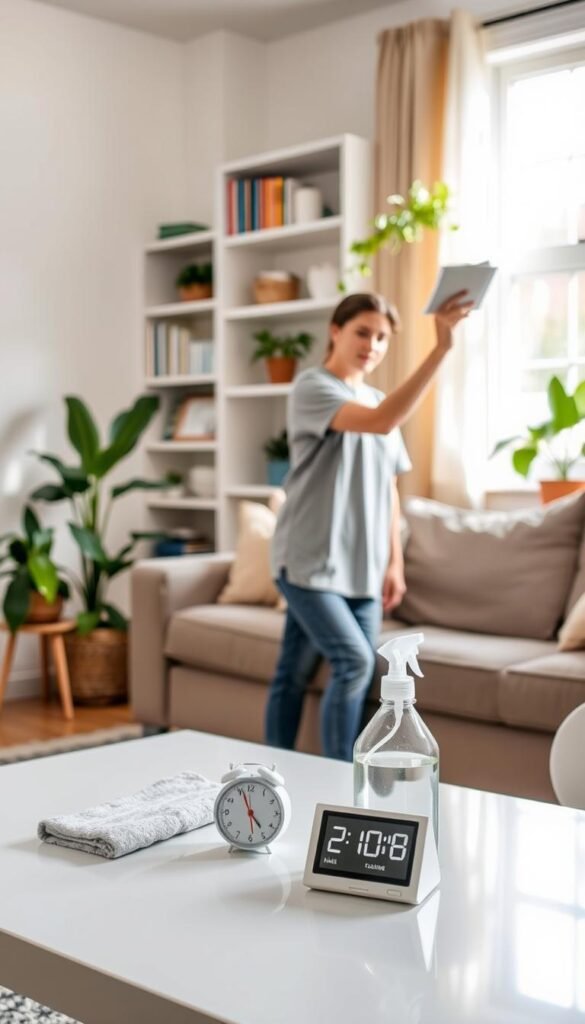 A serene, organized living space showcasing a 10-minute daily cleaning routine in progress.