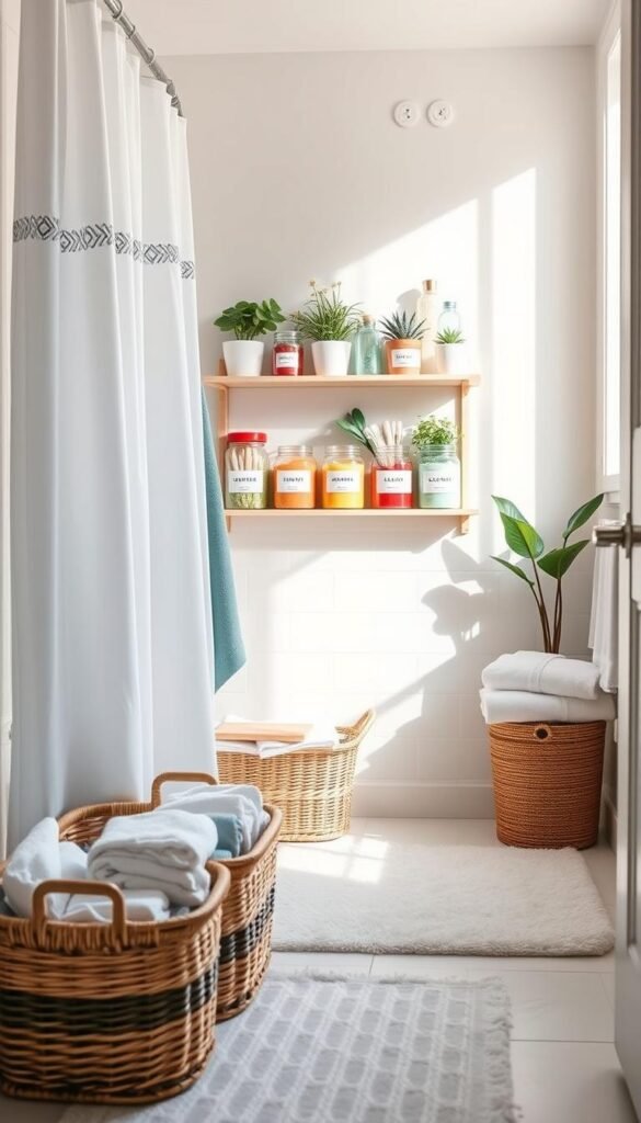 A beautifully organized bathroom with practical storage hacks in a calm, neutral palette.