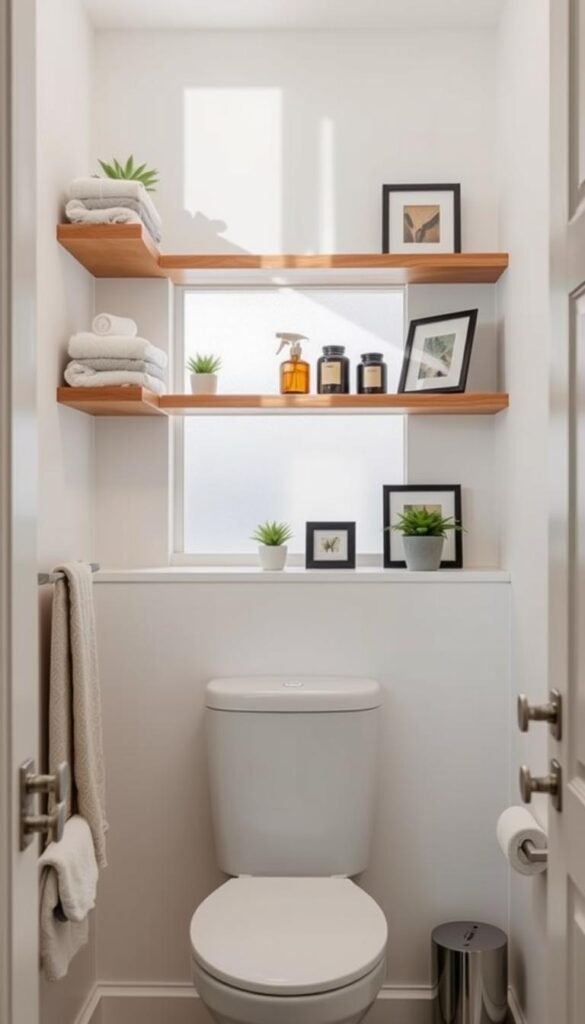 A cozy small bathroom with clever vertical storage solutions on open shelves.
