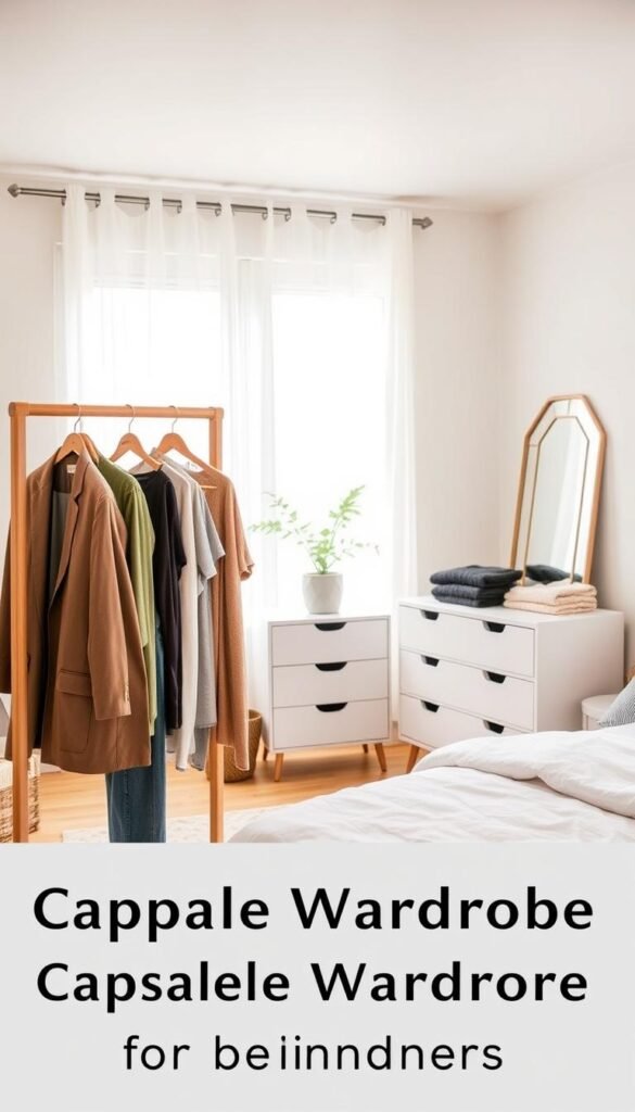 A stylish, minimalist capsule wardrobe setup in a well-lit modern bedroom.