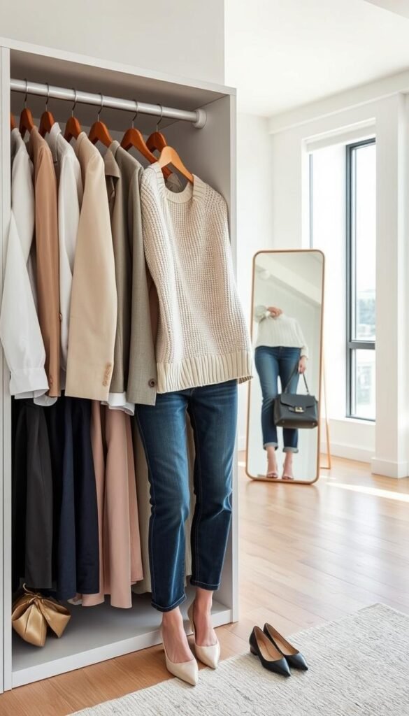 A beautifully arranged capsule wardrobe displayed in a modern, minimalistic closet setting.
