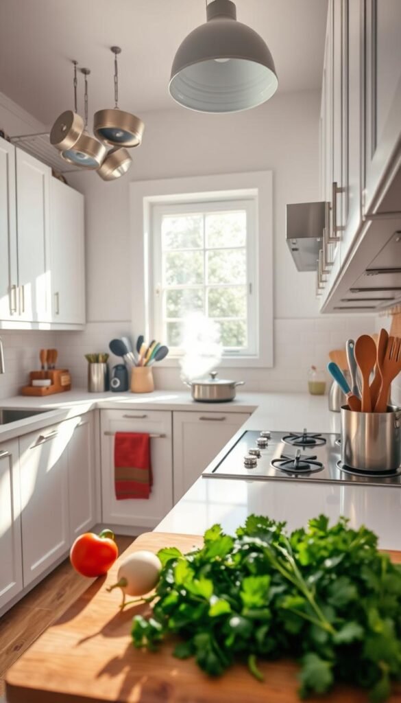 A bright, clean kitchen with sleek white cabinets and a clear countertop.