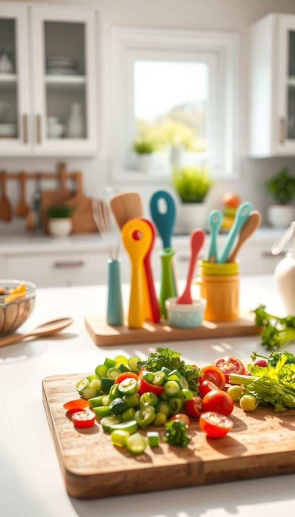 An organized kitchen workspace with tools and utensils kept within easy reach for a clean-as-you-go routine.