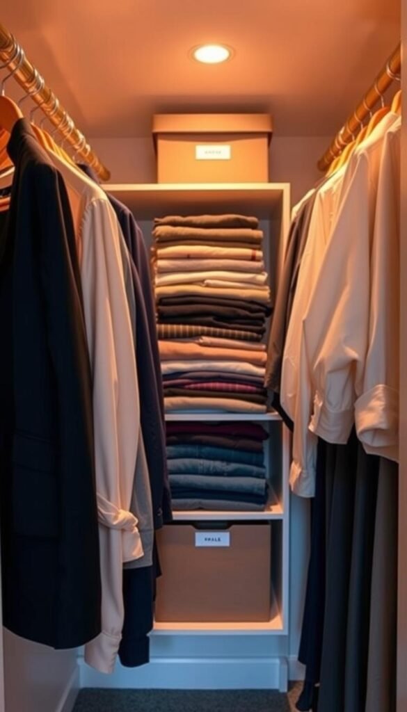 A neatly organized closet interior showing a clear division between items to hang and those to fold.