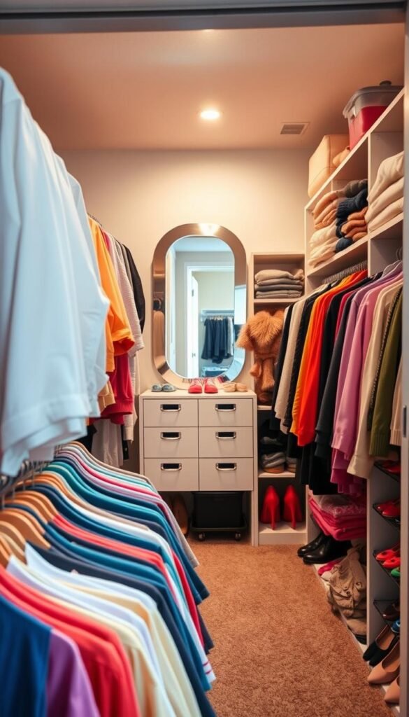 A spacious, organized closet interior with neatly arranged clothes and matching hangers.