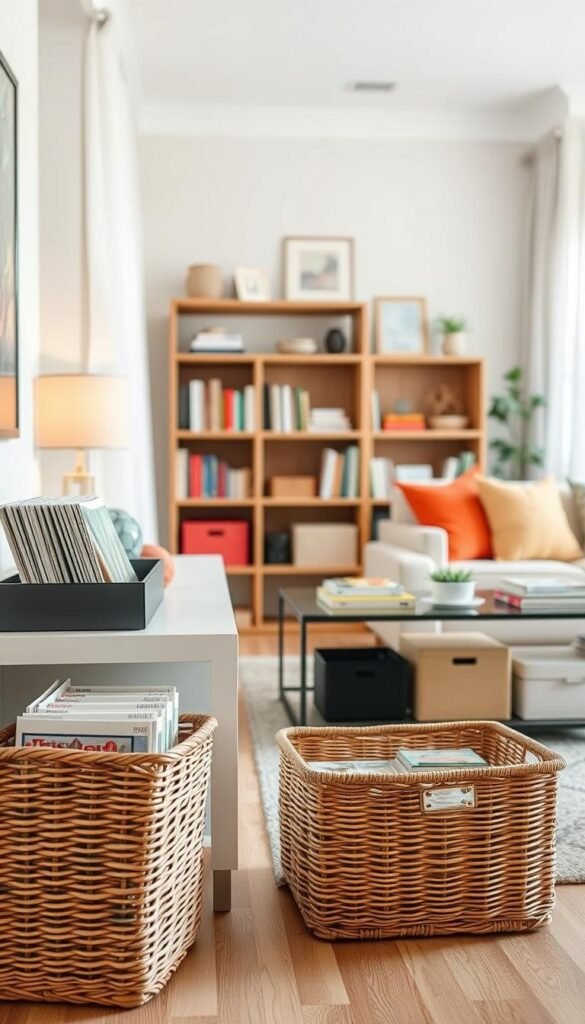 A cozy, well-organized living room featuring a variety of simple organizing systems.