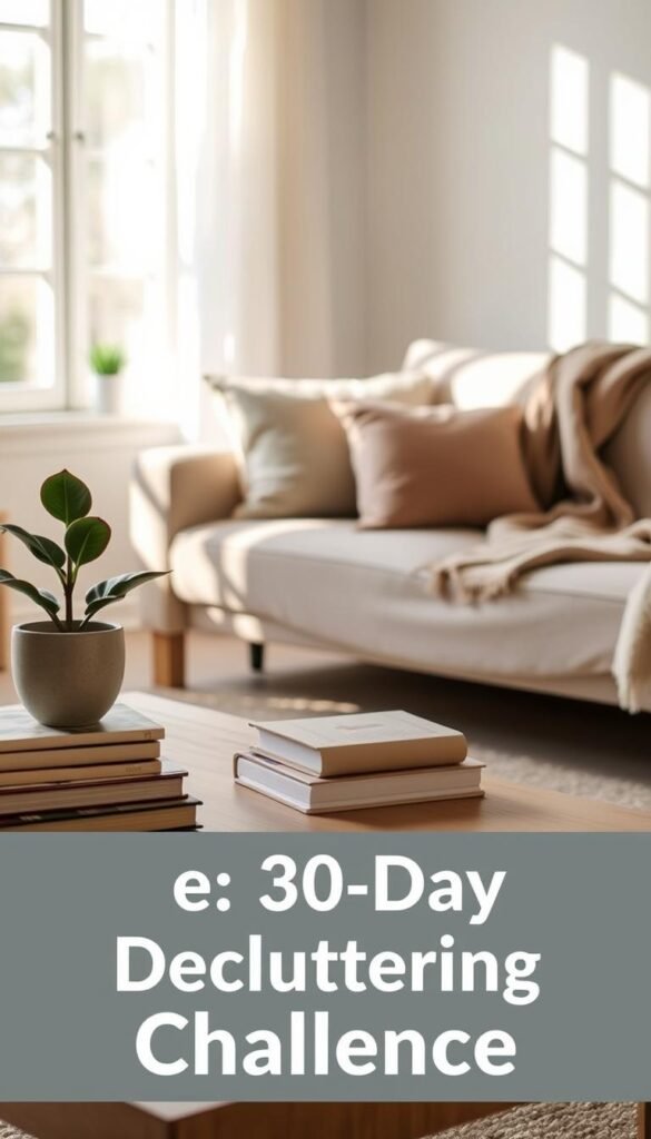 A serene, inviting living room after a decluttering session, with clear surfaces and calm light.