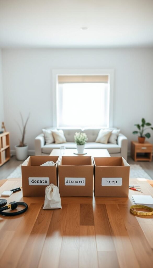 A serene, organized home workspace mid-decluttering, with a warm and calm atmosphere.
