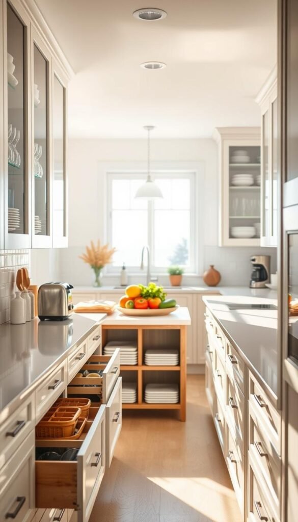 A bright, modern kitchen interior with well-organized cabinets and drawers.