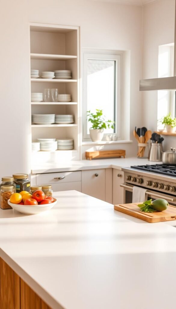A calm, spotless kitchen with warm autumn light, ready for holiday cooking ahead.