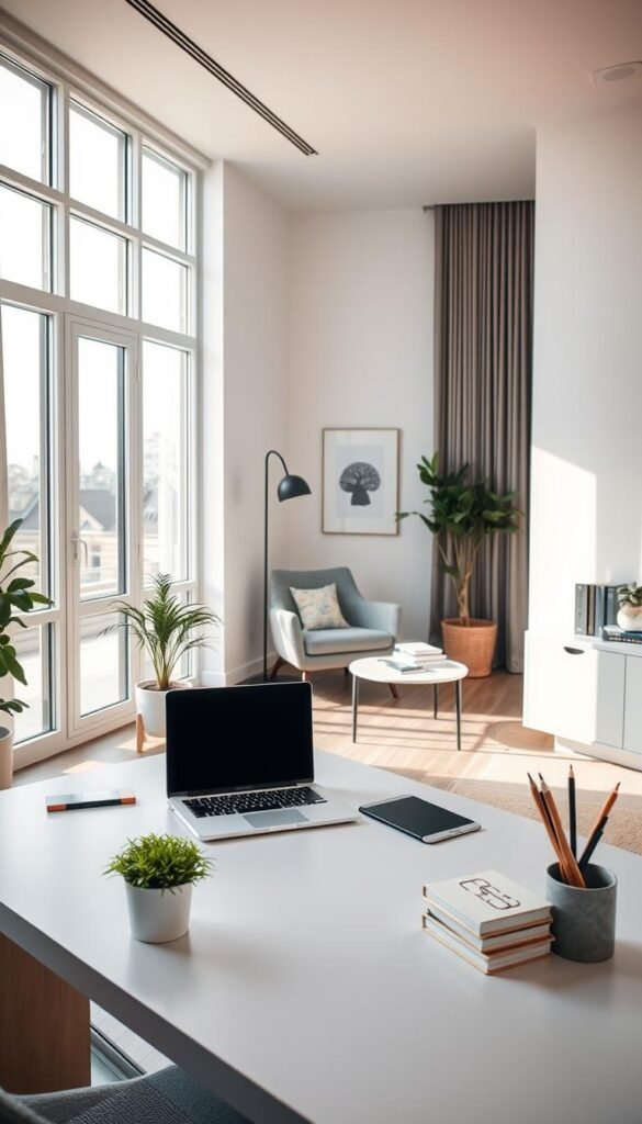A modern, minimalistic room designed for productivity and relaxation after decluttering.