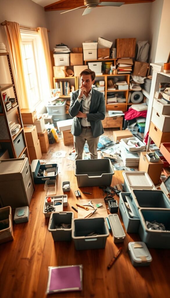 A cluttered home environment transitioning into a tidy, organized space.
