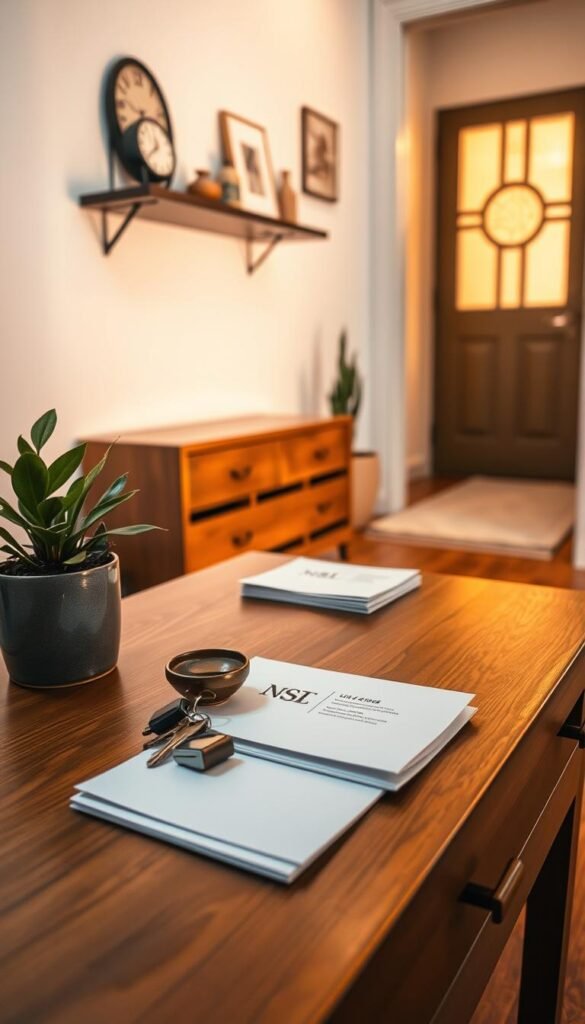 A stylish landing table for keys and mail, featuring an organized, simple design.