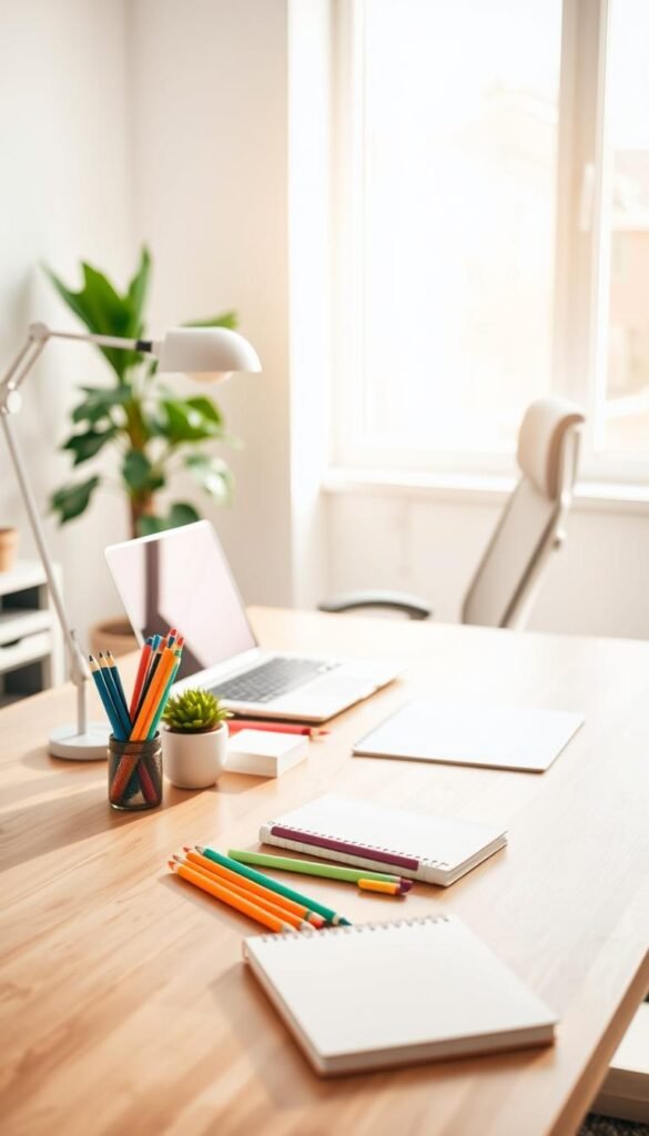 A tidy, modern desk in a bright, airy workspace with a clean wooden tabletop.