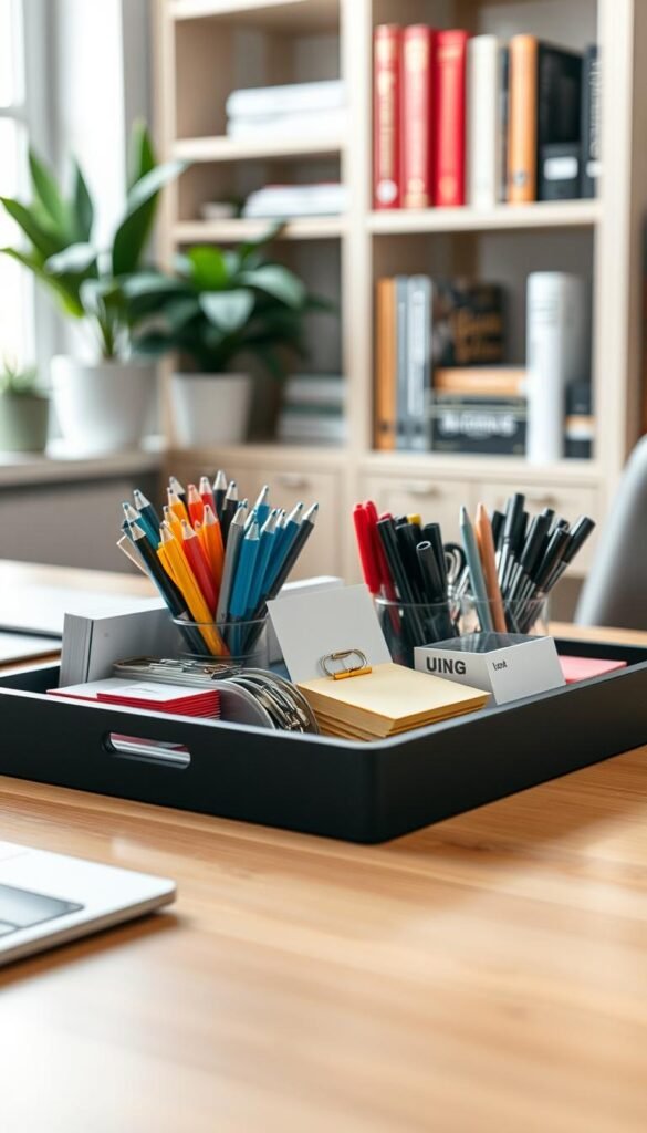 A well-organized desk tray filled with essential office supplies like neatly stacked sticky notes.