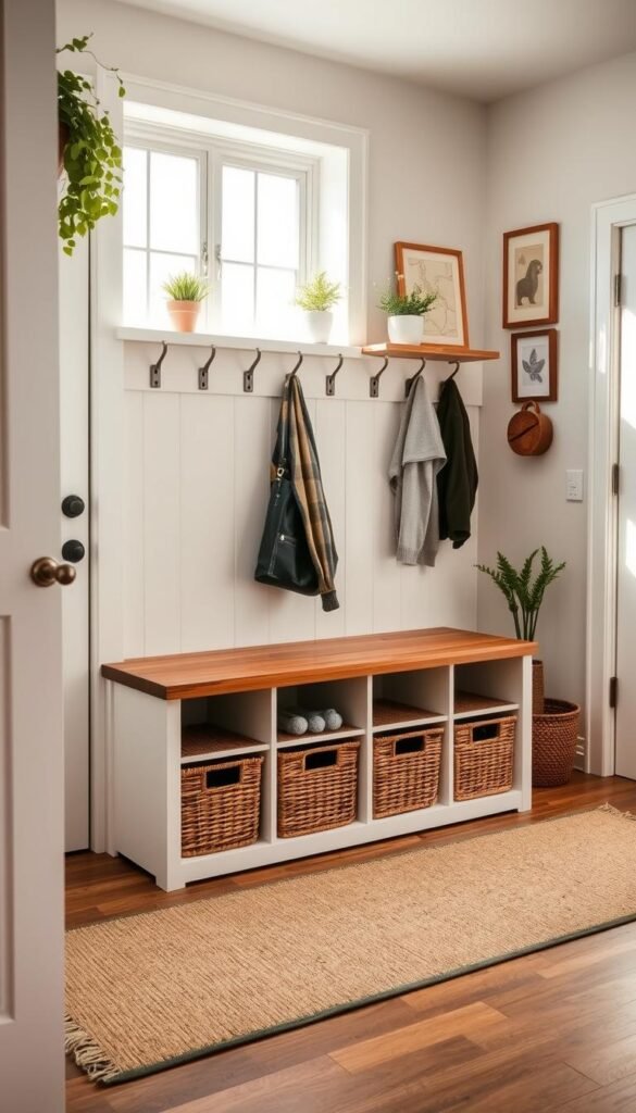 A cozy, well-lit entryway with a mudroom bench designed for a family drop zone.