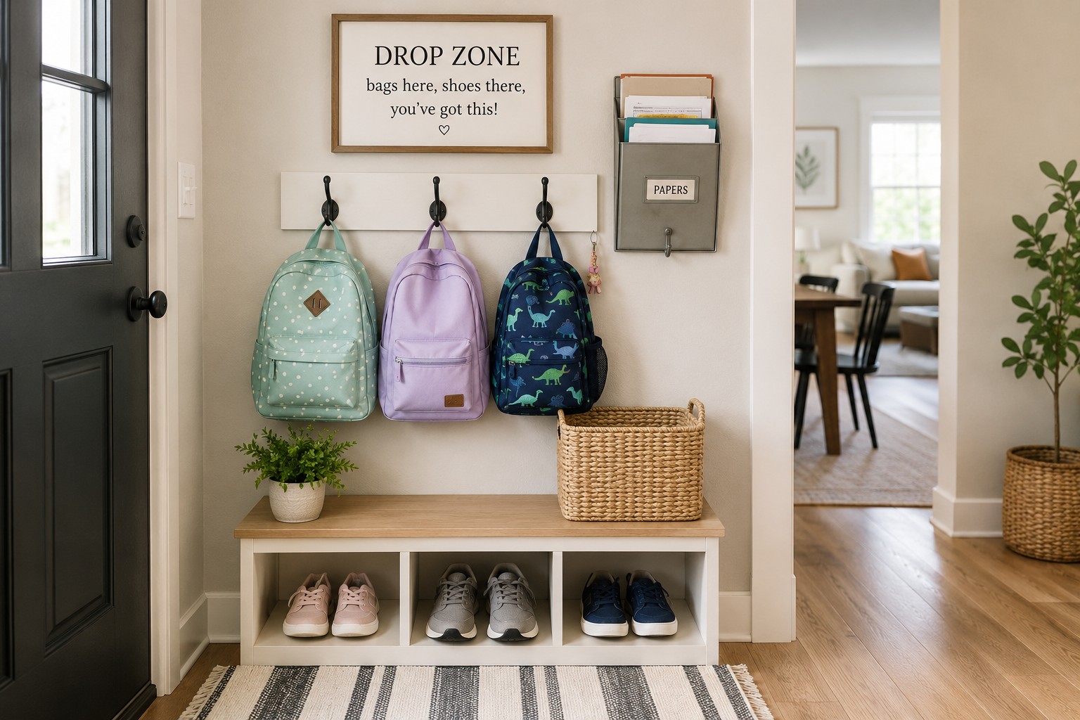 A calm entryway bench set up for fall, with boots lined up and coats hung neatly above.