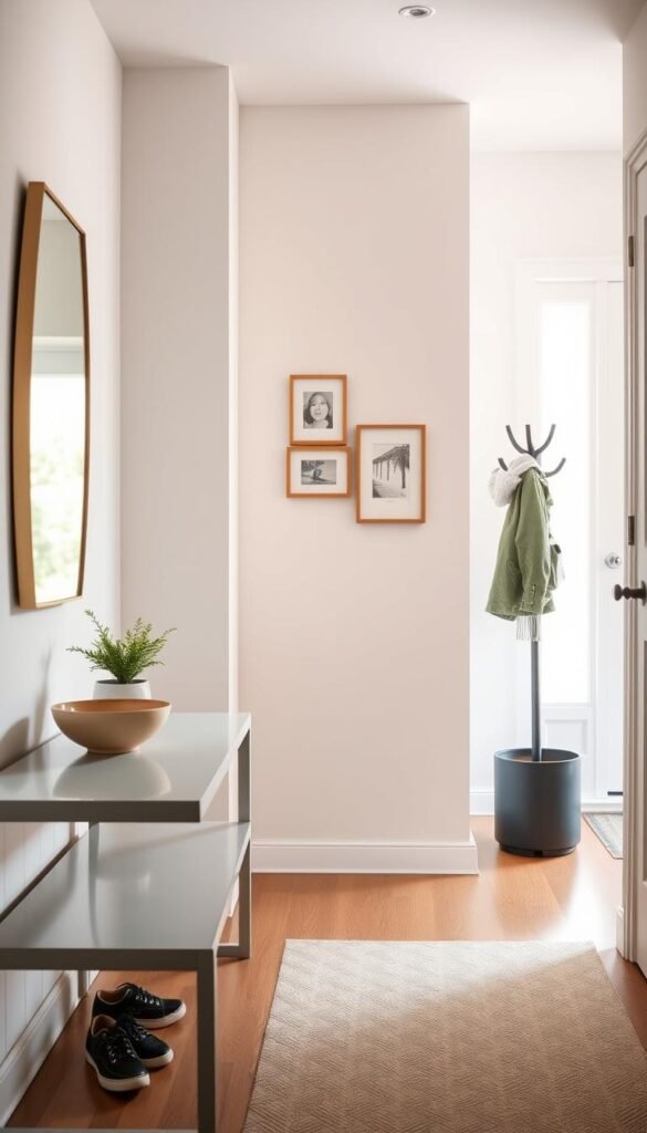 A beautifully organized entryway with a simple, functional design and a slim console table.