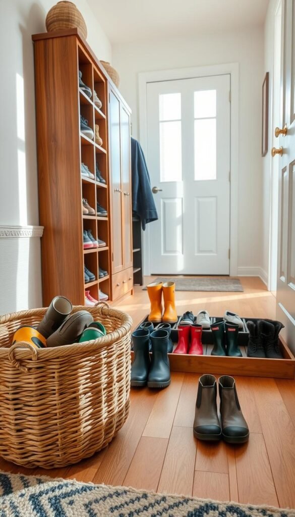 A cozy, organized entryway shoe area with a stylish woven basket for shoes.