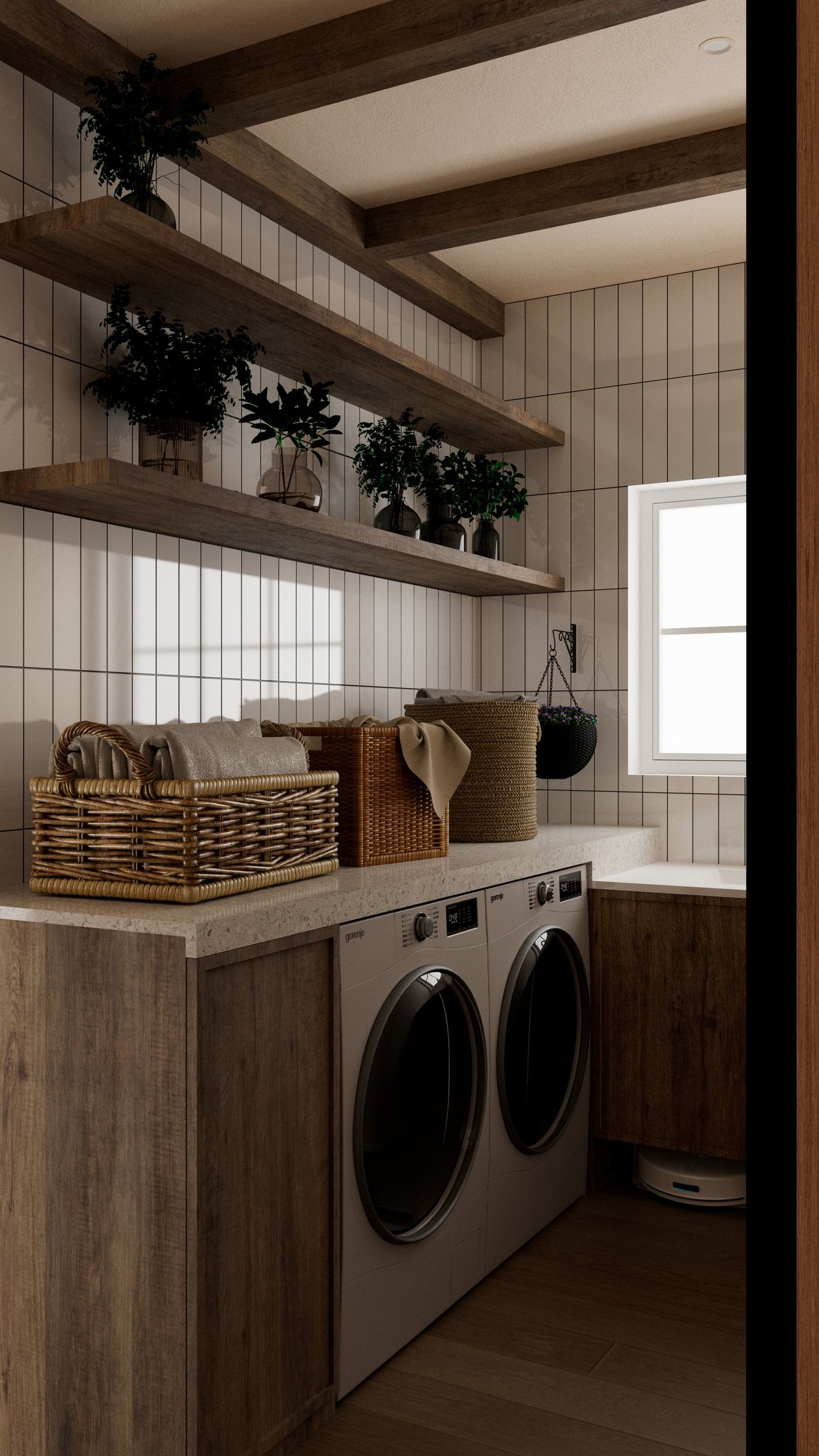 A cozy, styled laundry room with woven baskets and folded towels, ready for the fall wardrobe swap.