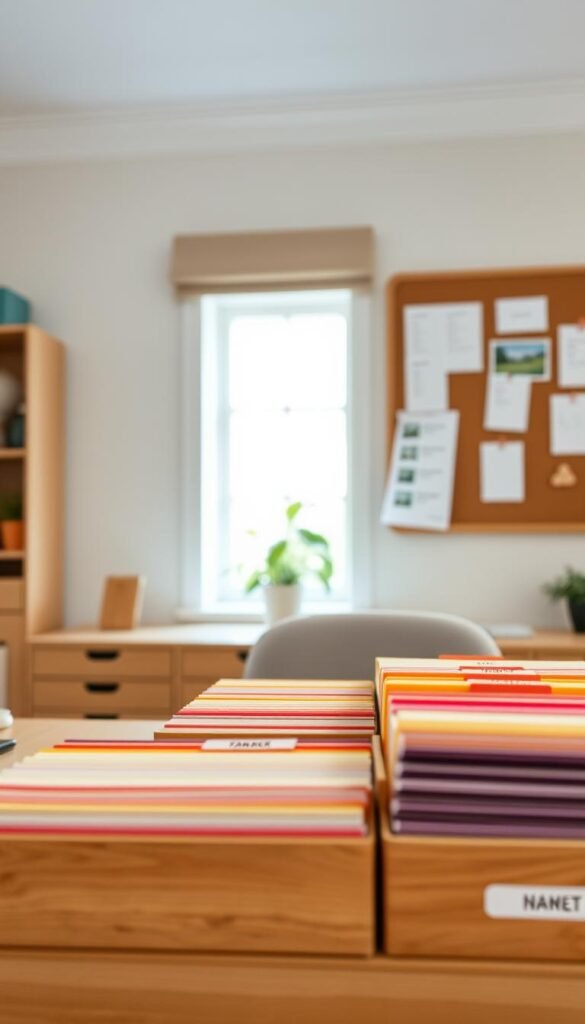 A calm, organized home filing system in a cozy, warmly lit home office.