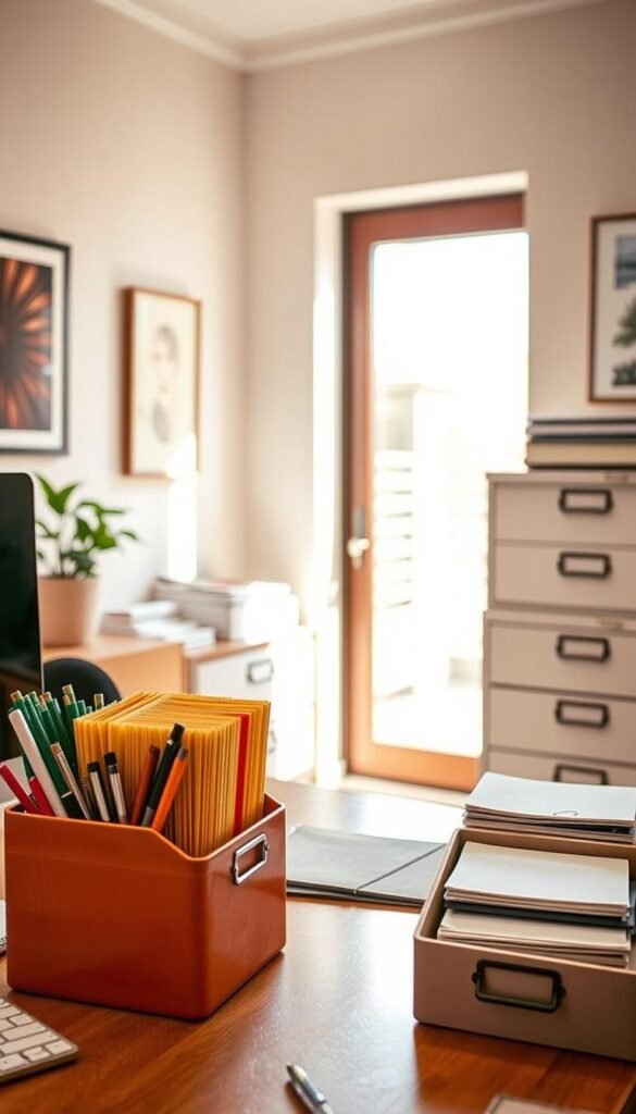 A neatly organized home office desk set up with a simple filing system for important papers.