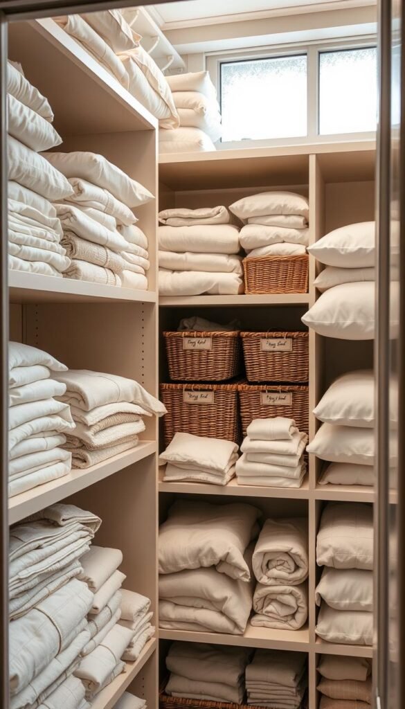 Neatly folded flannel sheets and thick blankets stacked in a linen closet for the cooler season.