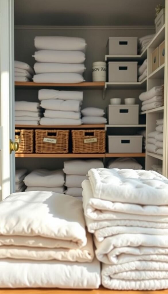 A calm, organized linen closet with folded blankets and neatly stacked sheets, ready for cooler weather.