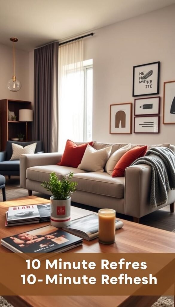 A cozy, reset living room with fluffed cushions, ready for guests to gather.