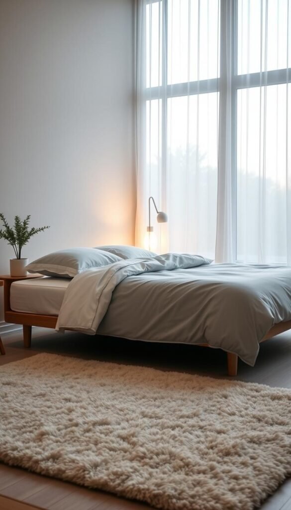 A serene minimalist bedroom designed for optimal rest, with a low-profile bed and crisp linens.