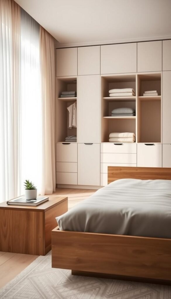 A minimalist bedroom with innovative hidden storage, featuring a sleek wooden bed frame.