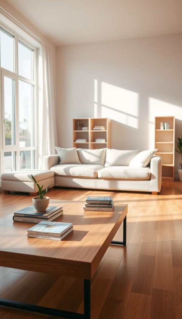 A tranquil minimalist living room filled with sunlight, with clear surfaces and very little clutter.
