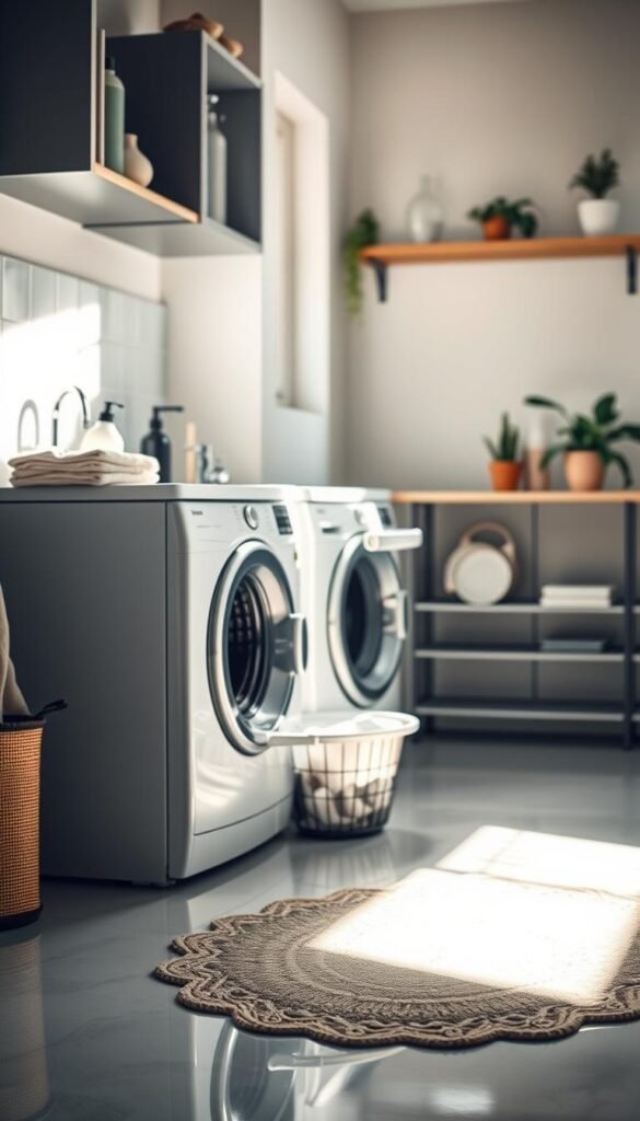 A serene, minimalist laundry room with neatly organized cleaning supplies on open shelving.