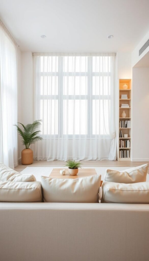 A serene minimalist home interior with a calming, uncluttered living space.