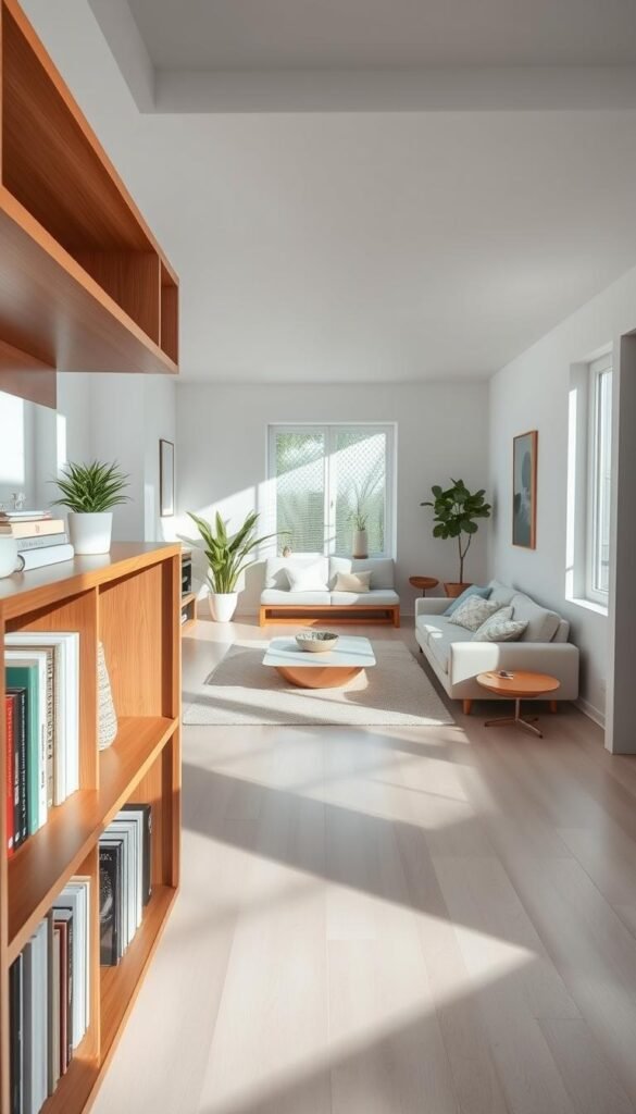 A beautifully designed minimalist room with clearly defined systems for organization.