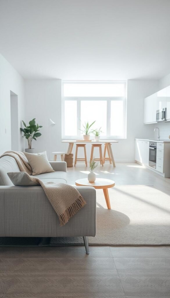 A serene minimalist home interior with an open-concept living space and clear surfaces.