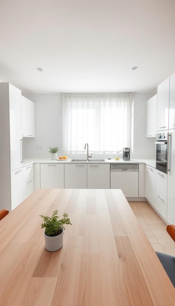 A serene minimalist kitchen with sleek white cabinetry and simple, functional counters.