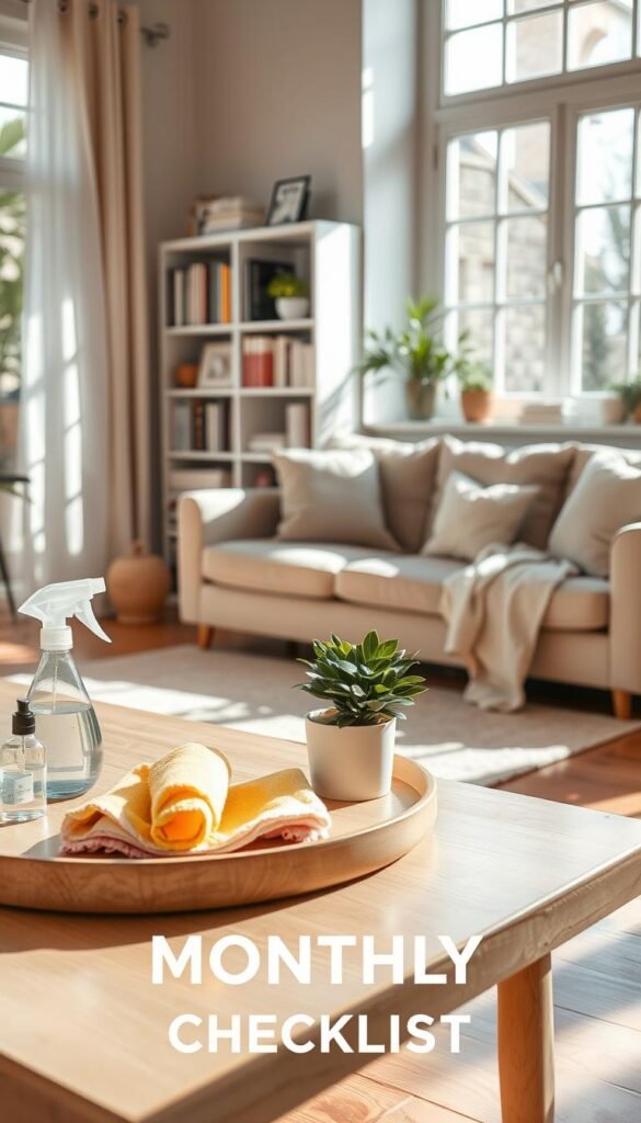 A serene, cozy living room set up for a monthly deep cleaning session.