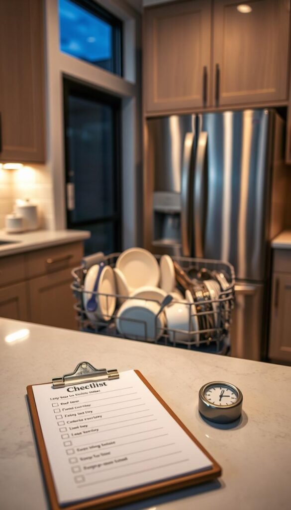 A modern kitchen scene featuring an open dishwasher filled with neatly arranged clean dishes.