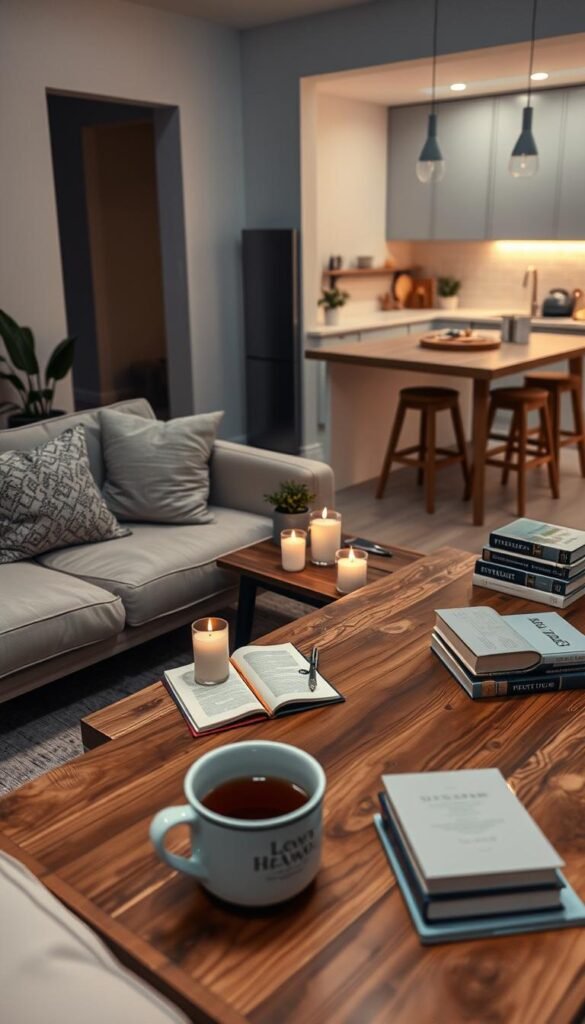 A cozy, serene nighttime scene depicting a nightly reset routine in a tidy home.