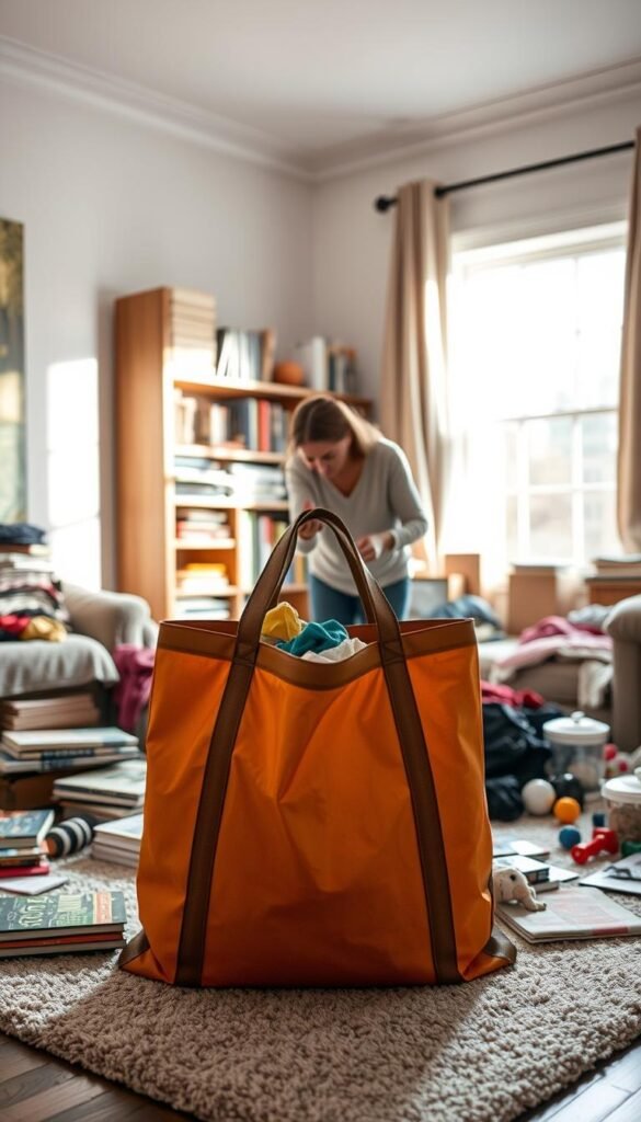 A cozy, well-lit living room with household items being sorted into a bag for donation.