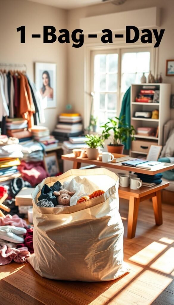 A cozy, sunlit room filled with various items to declutter — clothes, books, and toys.