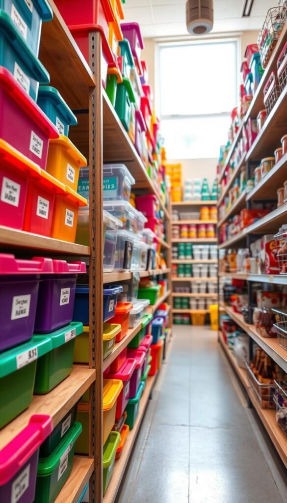 A dollar-store aisle with colorful, affordable storage bins suitable for budget pantry organization.