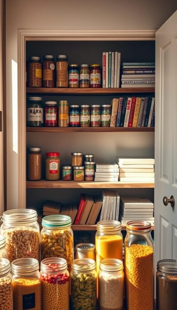 A cozy, well-organized pantry bathed in warm natural light with labeled glass containers.