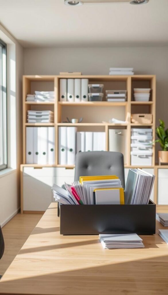A clean, organized office space with neatly arranged papers and folders.