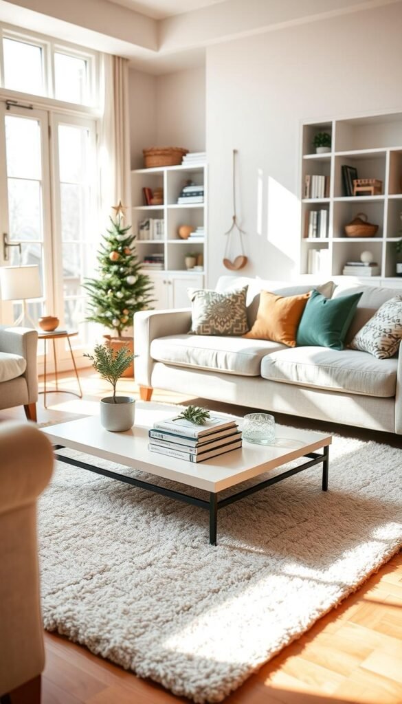 A bright, welcoming living room ready for the holidays, decluttered and cozy.