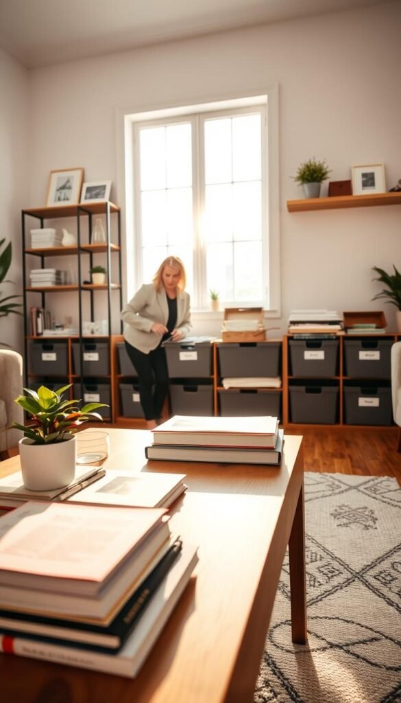 A bright, inviting room showcasing a calm, zone-based decluttering method.