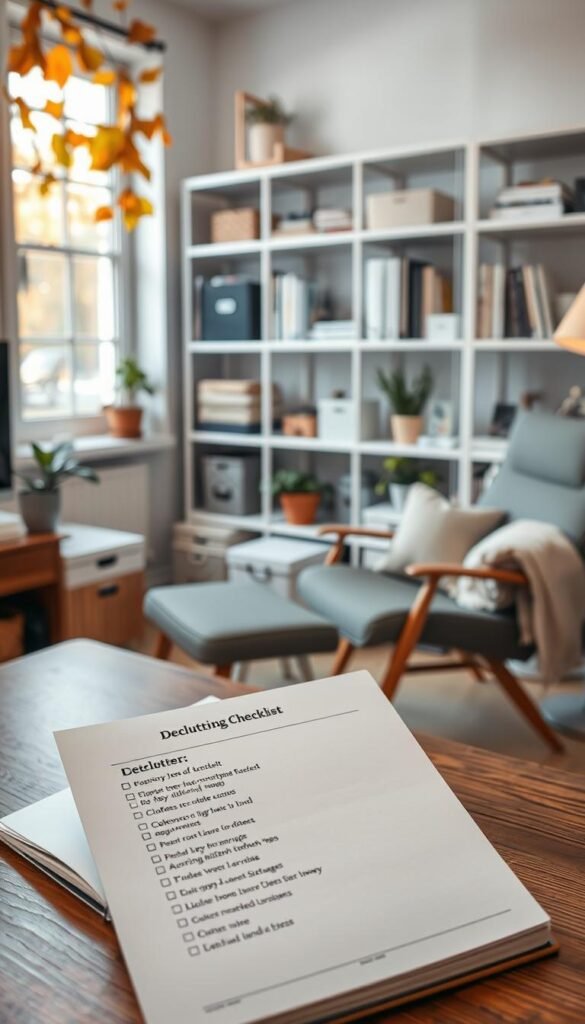 A cozy, organized room reflecting a seasonal decluttering checklist in progress.