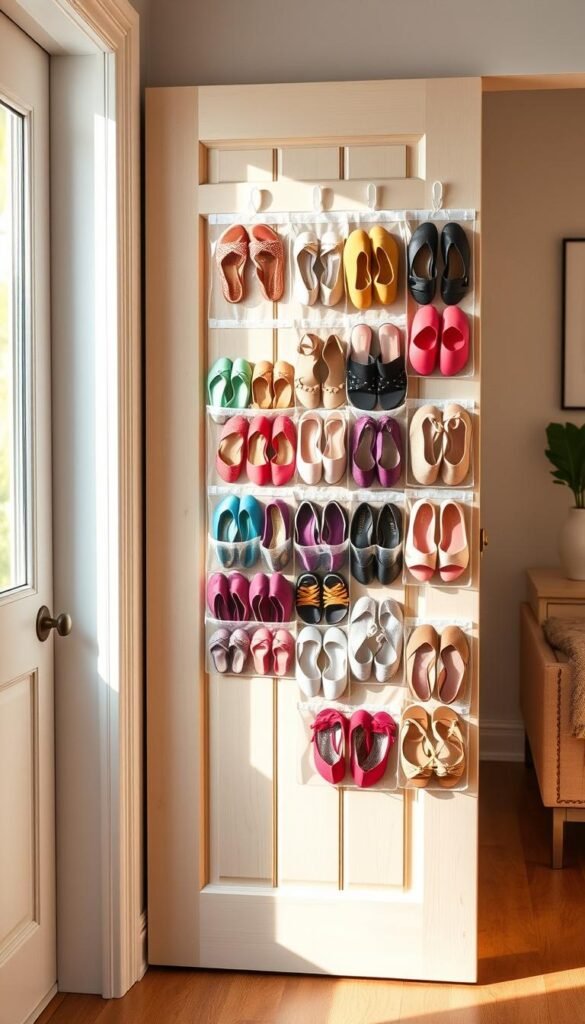 A neatly arranged hanging shoe organizer mounted on the back of a stylish door.